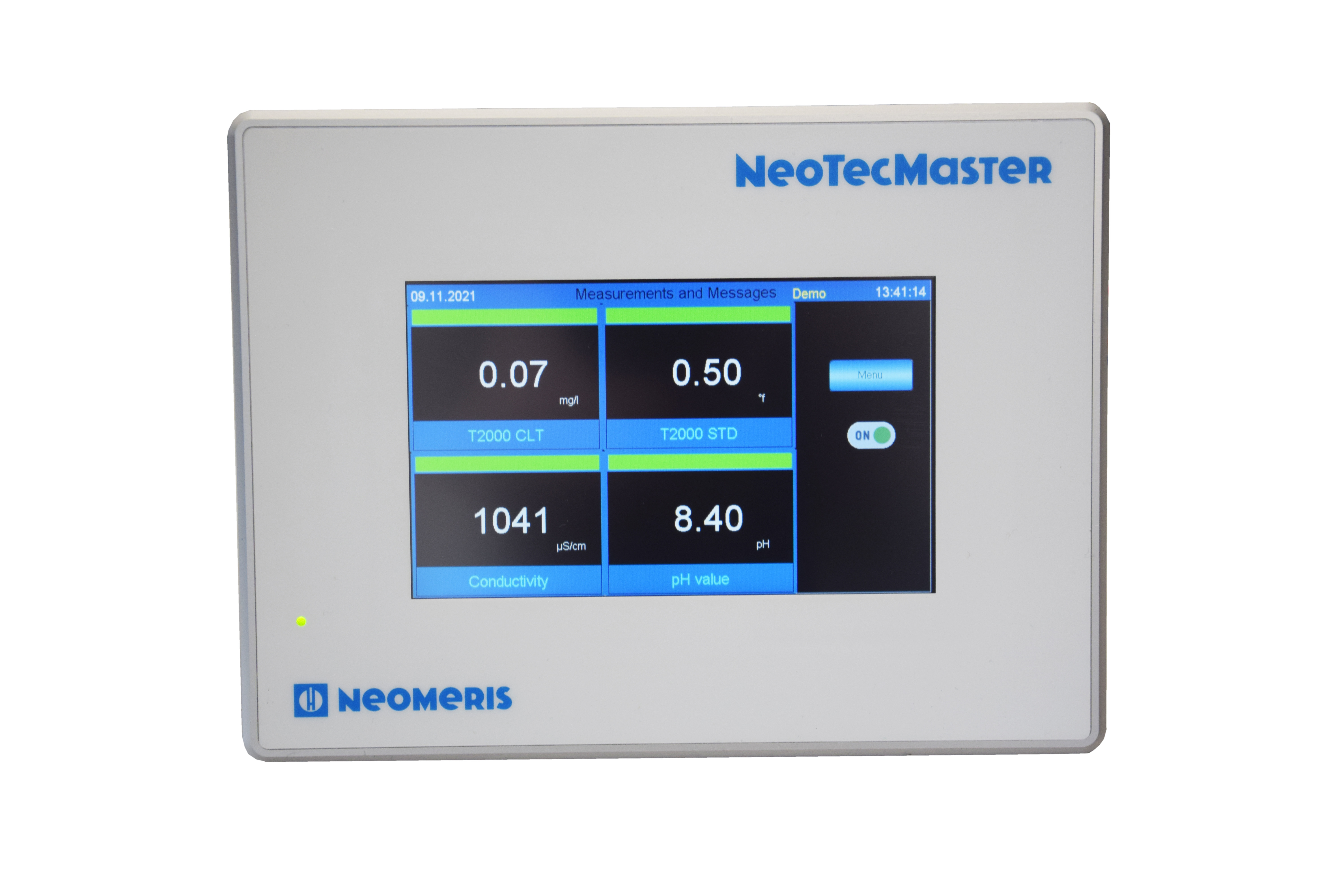 NeoTecMaster® 5″ Touch Panel Frontansicht, Messwerte werden angezeigt
