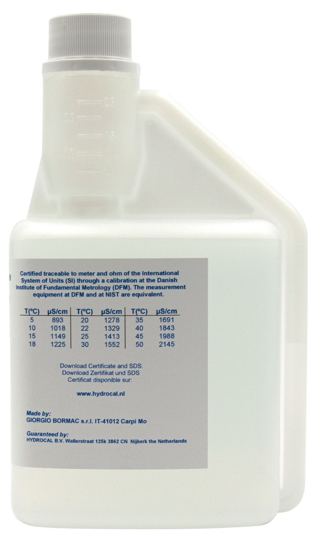 XS Professional Kalibrierlösung Rückseite mit Temperatur‑Leitfähigkeits‑Tabelle