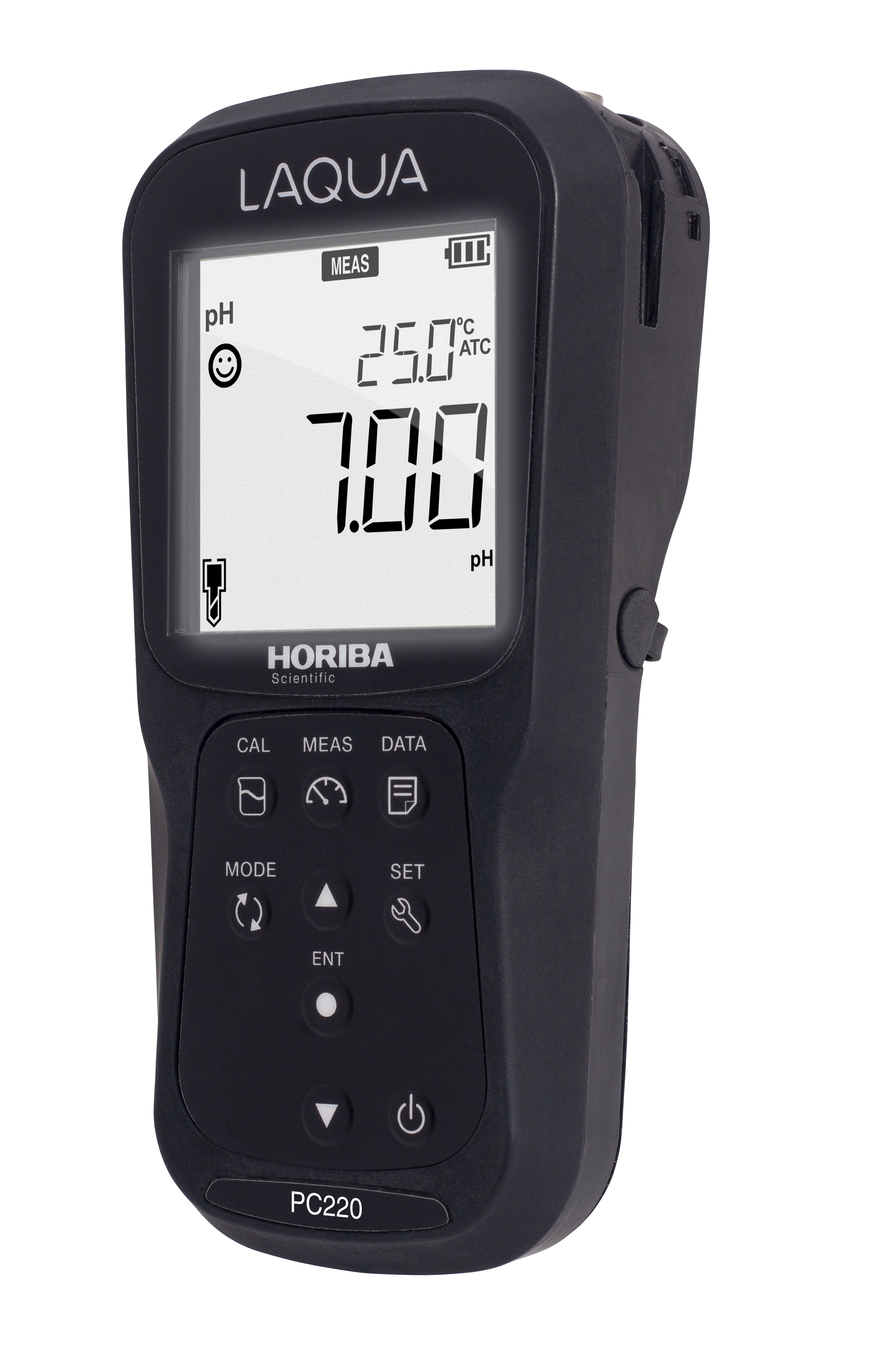 Horiba LAQUA PC210, linke Seitenansicht mit gut sichtbarem Display und Funktionstasten