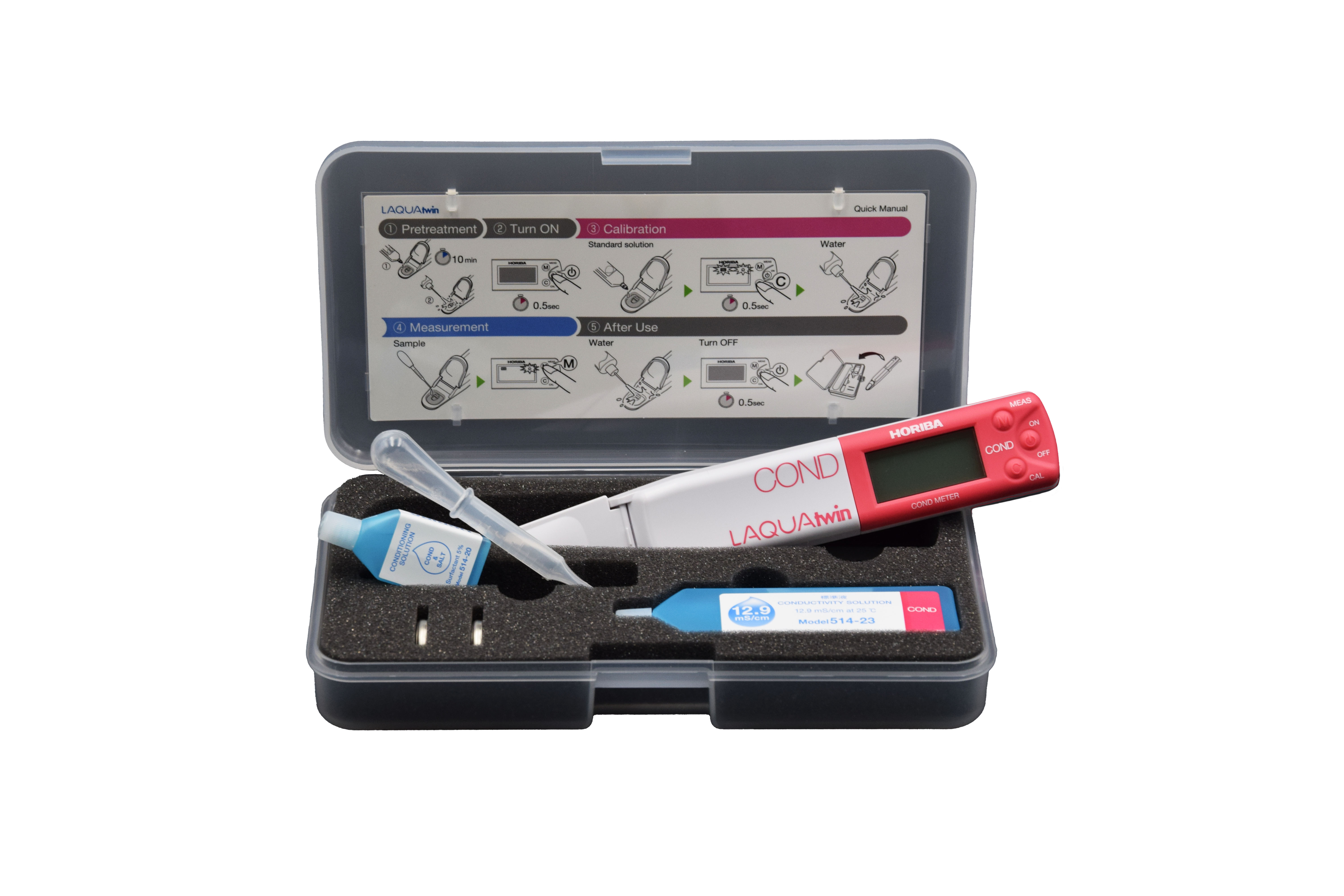 Offener Koffer mit Horiba LAQUAtwin EC 11, Kalibrierstandards, Batterien und Tropfer präsentiert, Komplettset