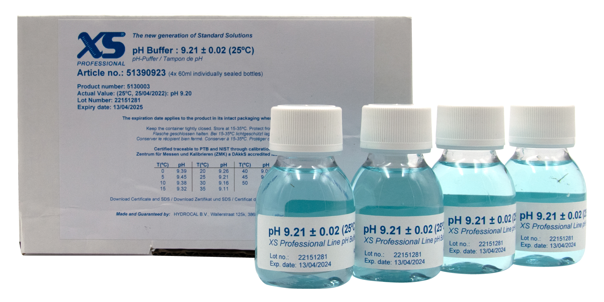 XS Professional pH 9.21 (±0.01pH @25°C) - 4x 60ml pH buffer solution with DAkkS certificate
