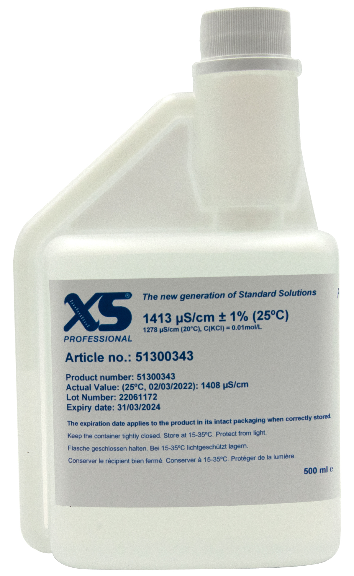 XS Professional 1413µS/cm - 500ml conductivity calibration solution with DFM certificate XS Professional 1413 µS/cm Kalibrierlösung 500 ml Flasche mit Hygienverschluss, Volumenanzeige und Schraubkappe