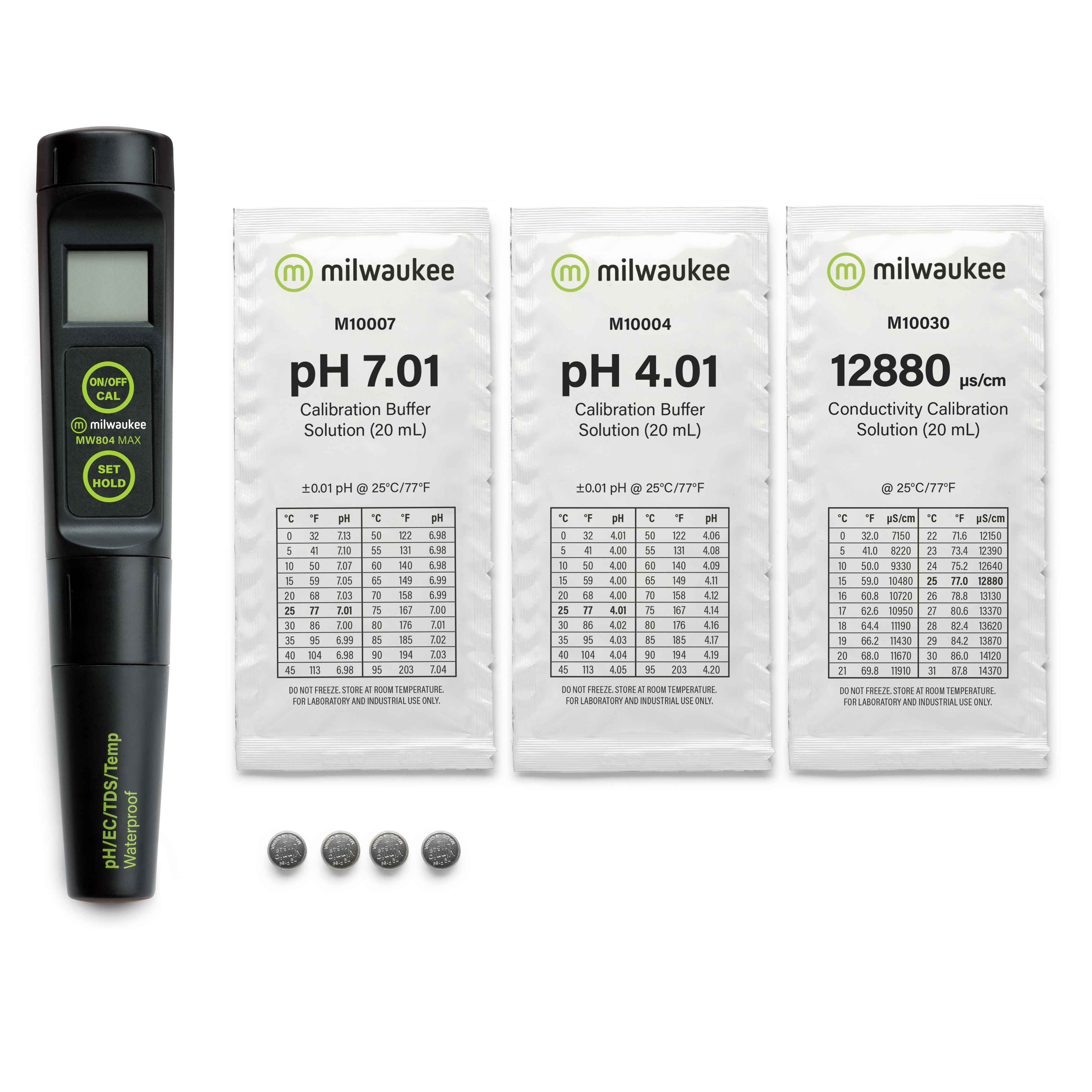 Milwaukee MW804 waterproof high range pH / EC / TDS /Temperature Tester with replaceable probe Milwaukee MW804 Komplettset mit Kalibrierlösungen, pH- und Leitfähigkeitsmessung im Set