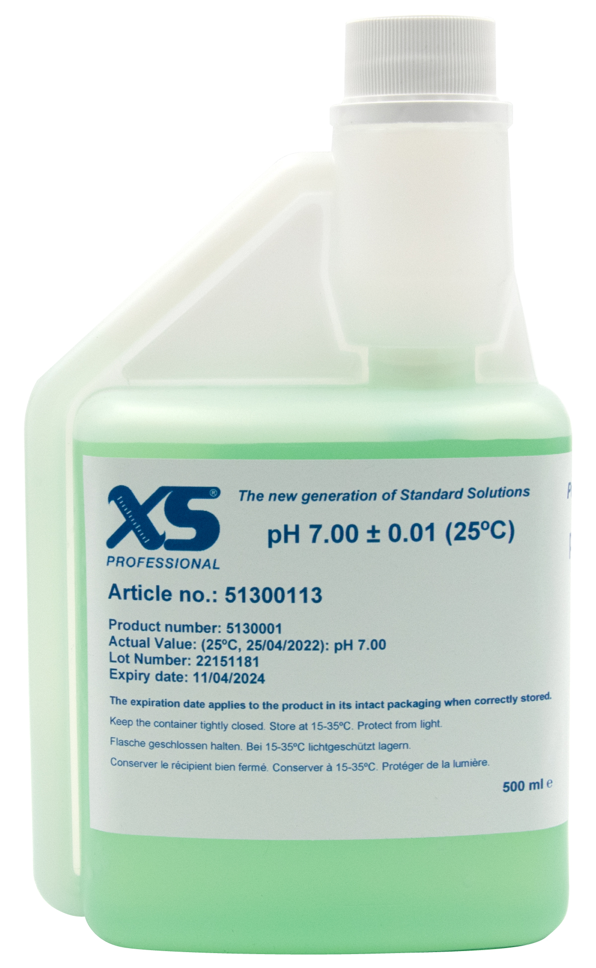 XS Professional pH 7.00 (±0.01pH @25°C) - 500ml pH buffer solution with DAkkS certificate XS Professional pH 7.00, Frontansicht der 500ml Pufferlösung, mit DAkkS Kalibrierzertifikat