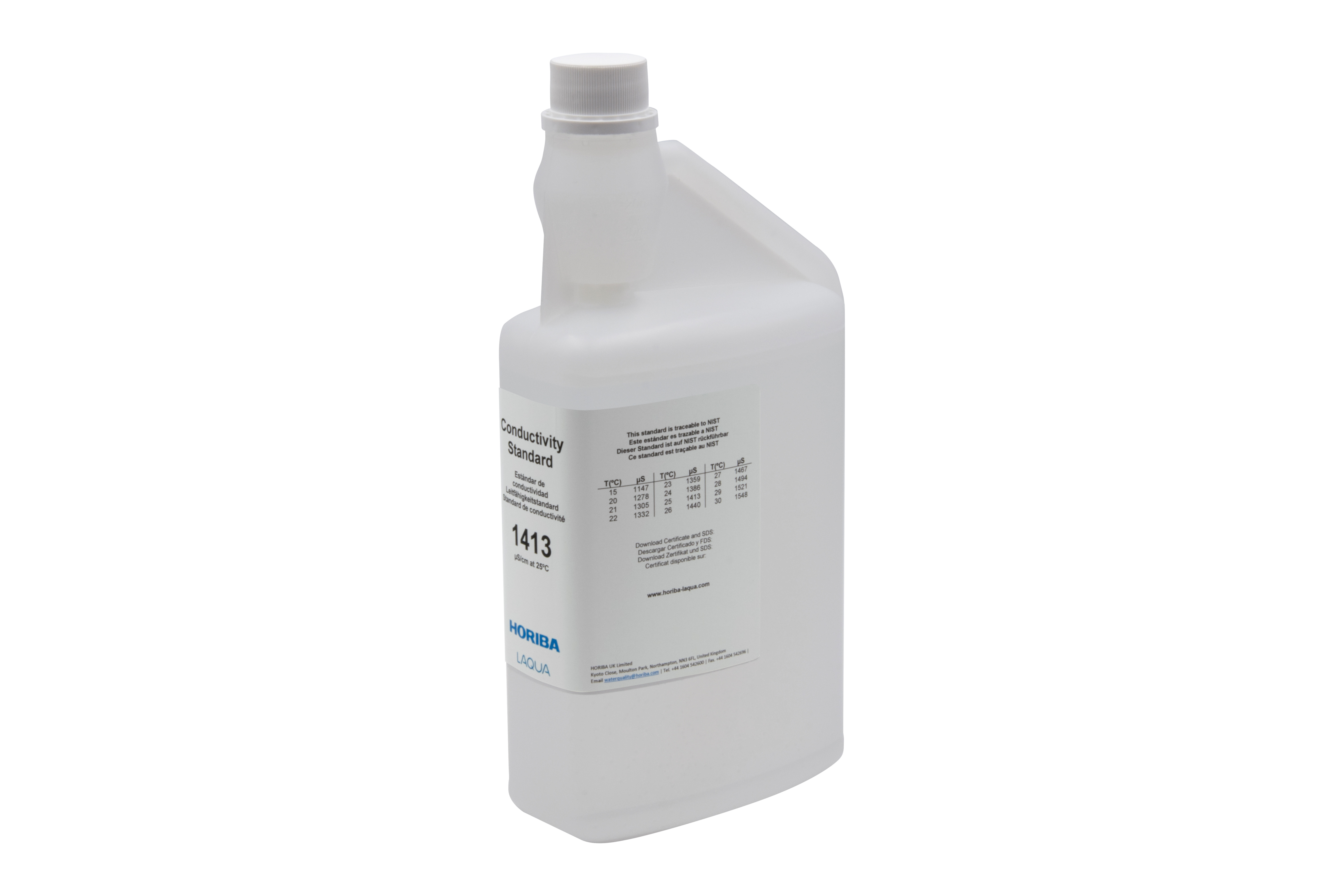 HORIBA 1413 μS/cm Leitfähigkeitskalibrierlösung 1000ml (1000-EC-1413) HORIBA 1413 μS/cm Leitfähigkeitskalibrierlösung 1000ml, schrägansicht mit sichtbarem Etikett von vorne und der Rückseite, Leitfähigkeit zu erkennen
