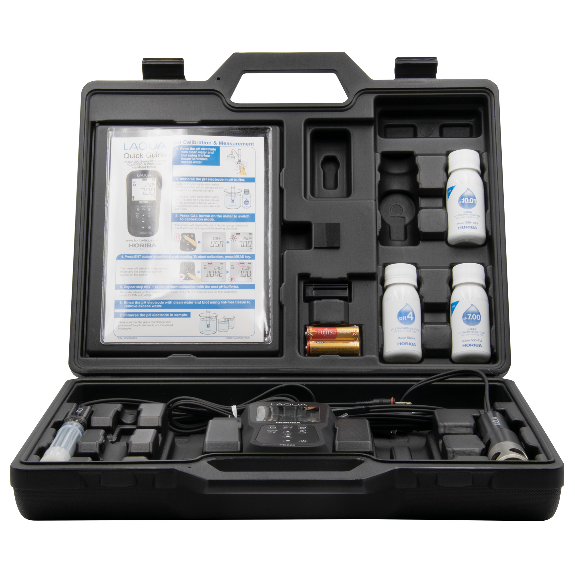 Horiba LAQUA PD220-Kit pH, ORP, Dissolved Oxygen and Temperature hand-held meter with GLP- compliant data storage and print function in the analysis measuring case