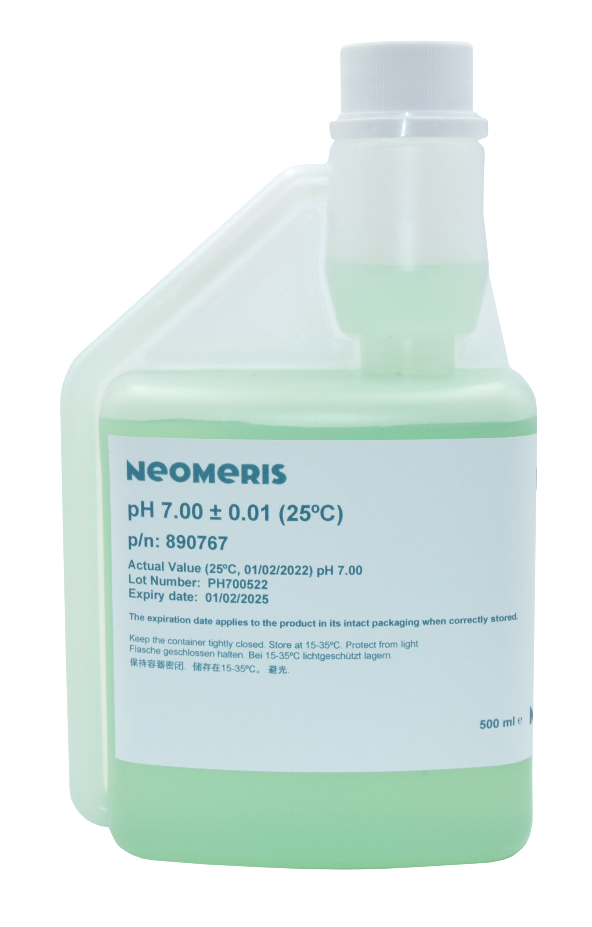 Neomeris pH buffer solution pH 7.00 Pufferlösung 500 ml Flasche, transparente Kunststoffflasche mit weißem Schraubverschluss, grüne Flüssigkeit