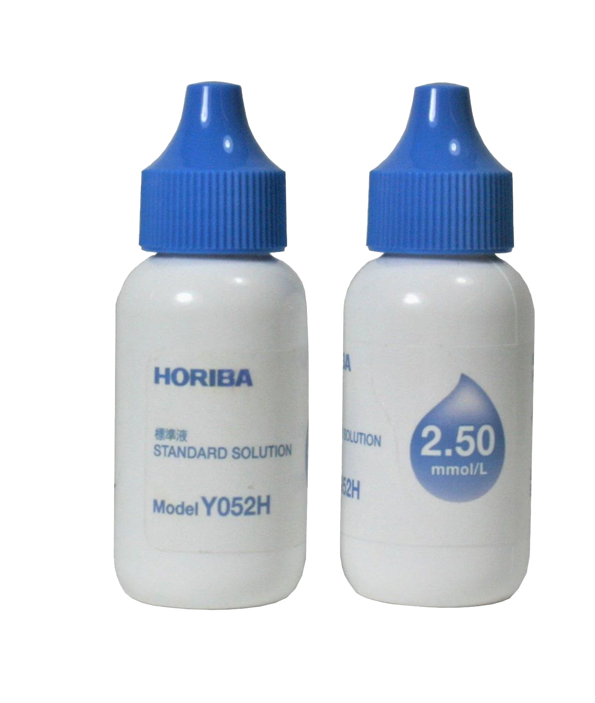 Horiba 2.50 mmol/l iCa standard solution (Y052H) for calibration of the LAQUAtwin Ca-11C tester Horiba iCa Standard Lösung Y052H, zwei Flaschen mit blauem Deckel, Kalibrierung Ca-11C Tester und die Konzentration 2.50 mmol/L für iCa (ionisiertes Calcium)
