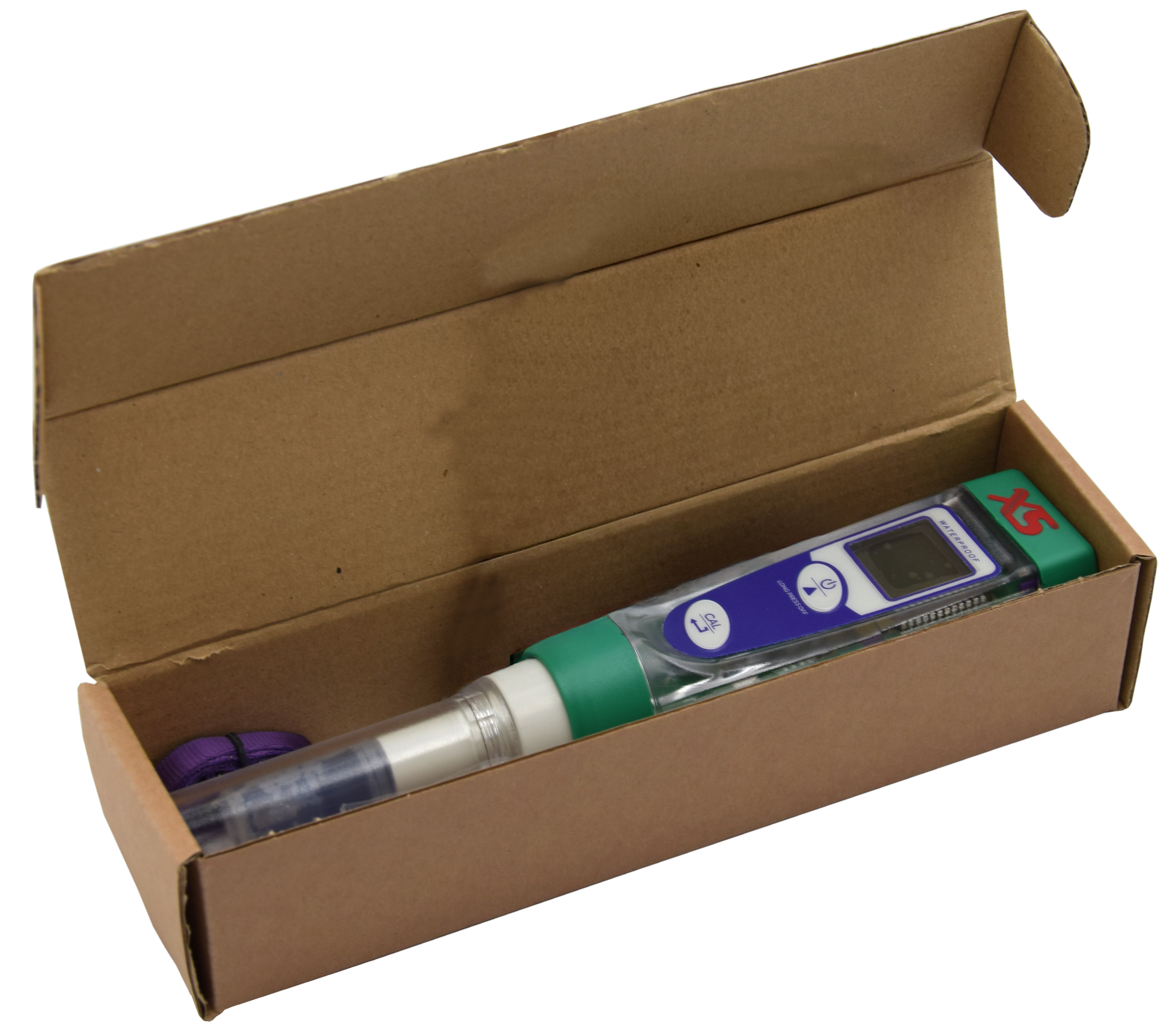 XS pH 1 Handtester, Frontansicht mit fest eingebauter pH-Sonde im Karton mit Zubehör