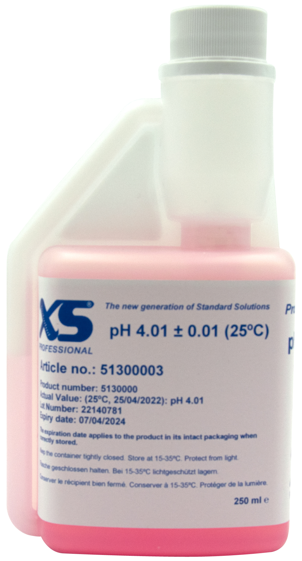 XS Professional pH 4.01 (±0.01pH @25°C) - 250ml pH buffer solution with DAkkS certificate pH 4.01 Pufferlösung XS, vordere Ansicht
