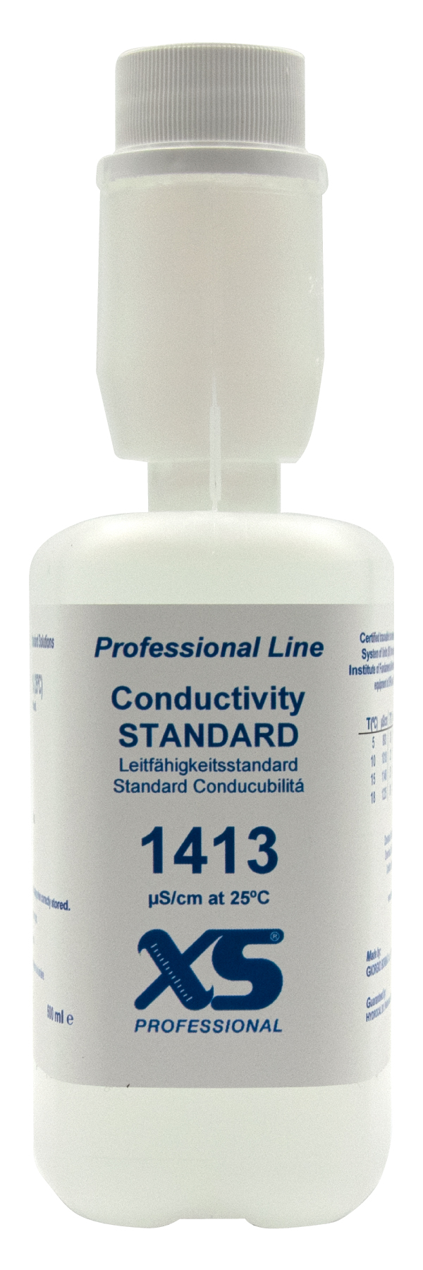 Vorderseite Flasche Conductivity Standard 1413 µS/cm bei 25 °C, weißes Etikett