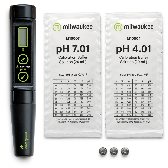 Milwaukee PH51 pH-Messgerät mit austauschbarer Sonde und Kalibrierlösungen pH7.01 und pH4.01