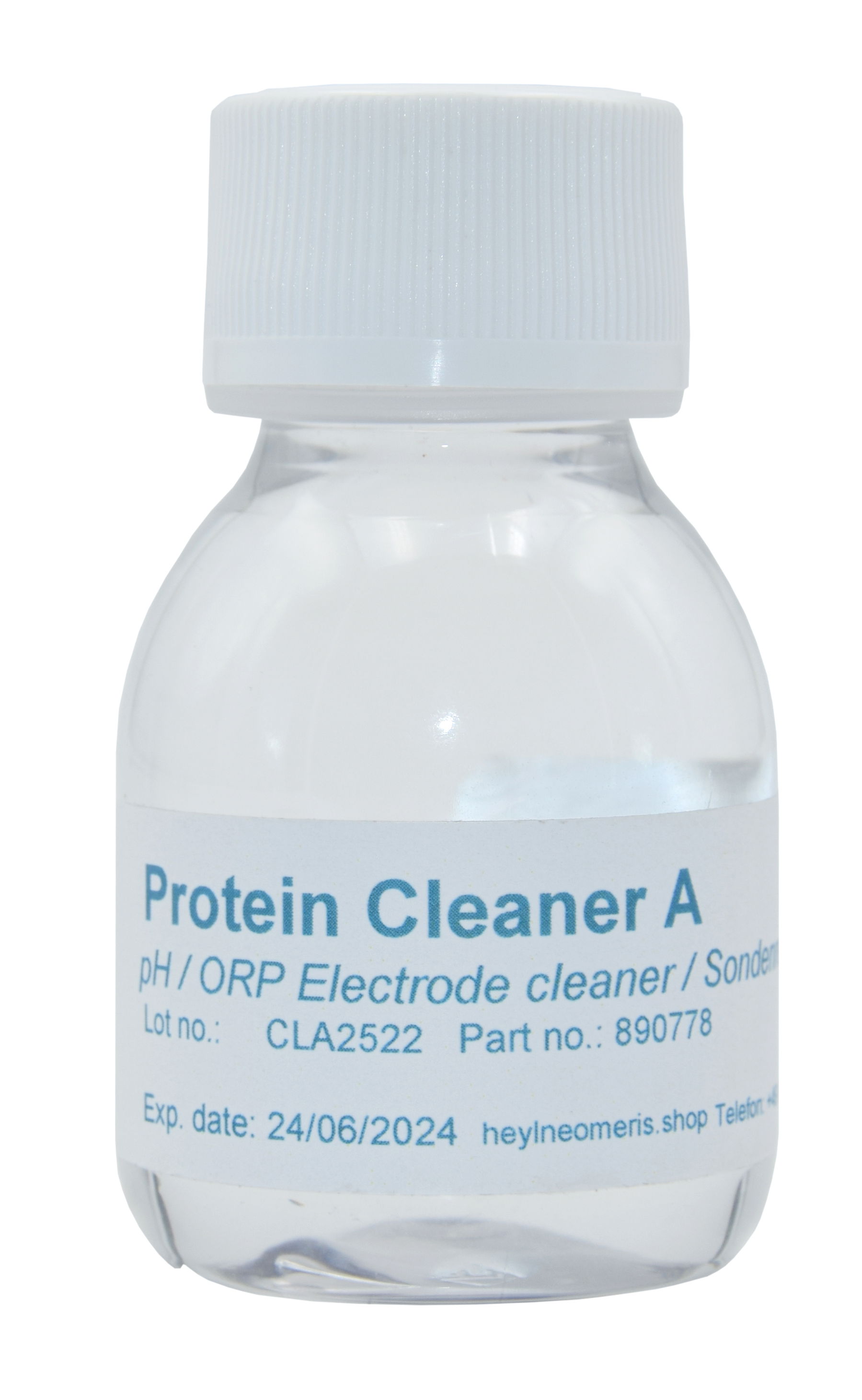 Neomeris cleaning solution for pH and redox electrodes (Pepsin) - probe cleaner Reinigungslösung für pH- und Redox-Elektroden, Frontansicht 70 ml Flasche, transparentes Plastik mit blauem Etikett text