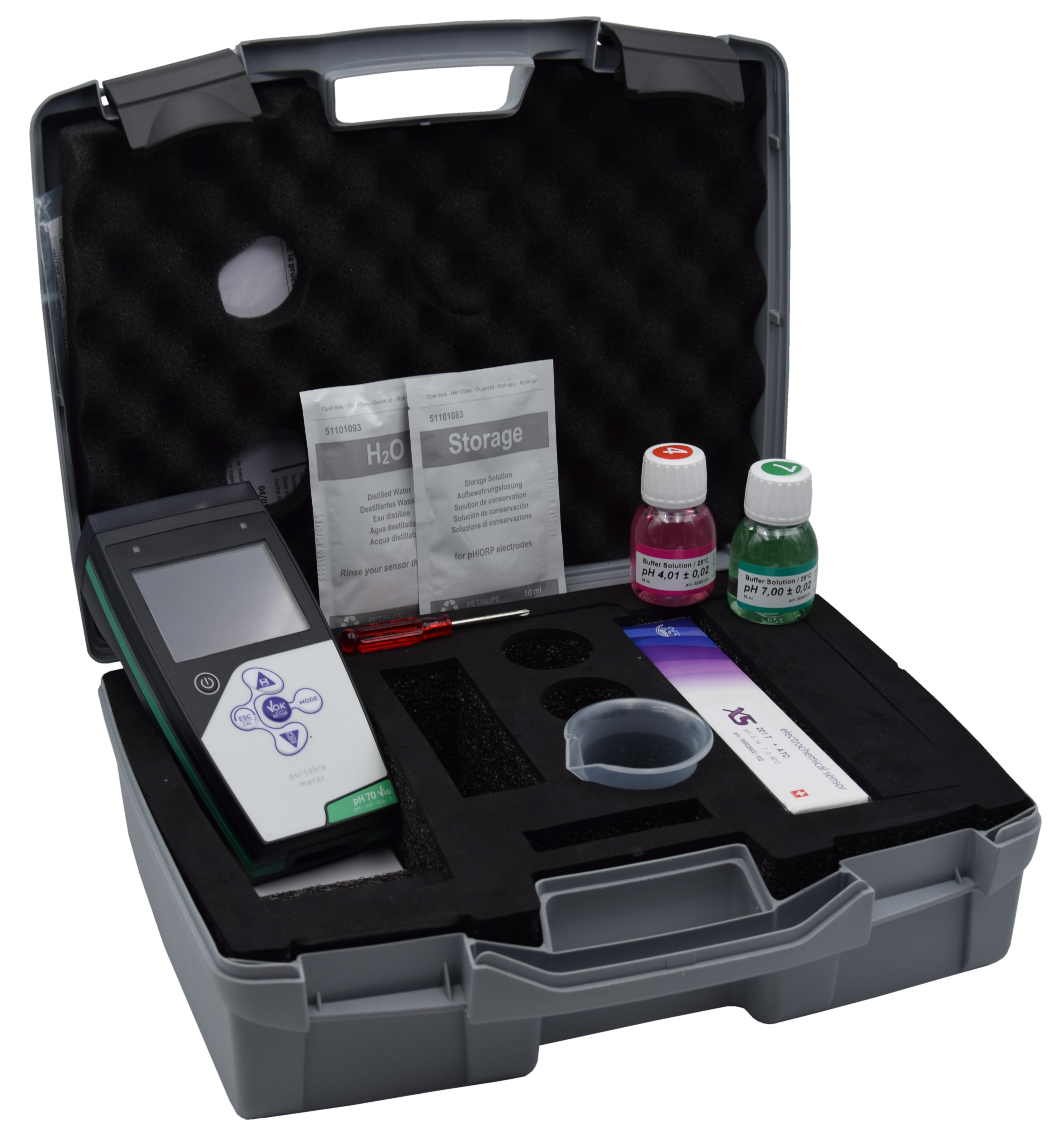 Portable black case with contents visible: solutions and devices.