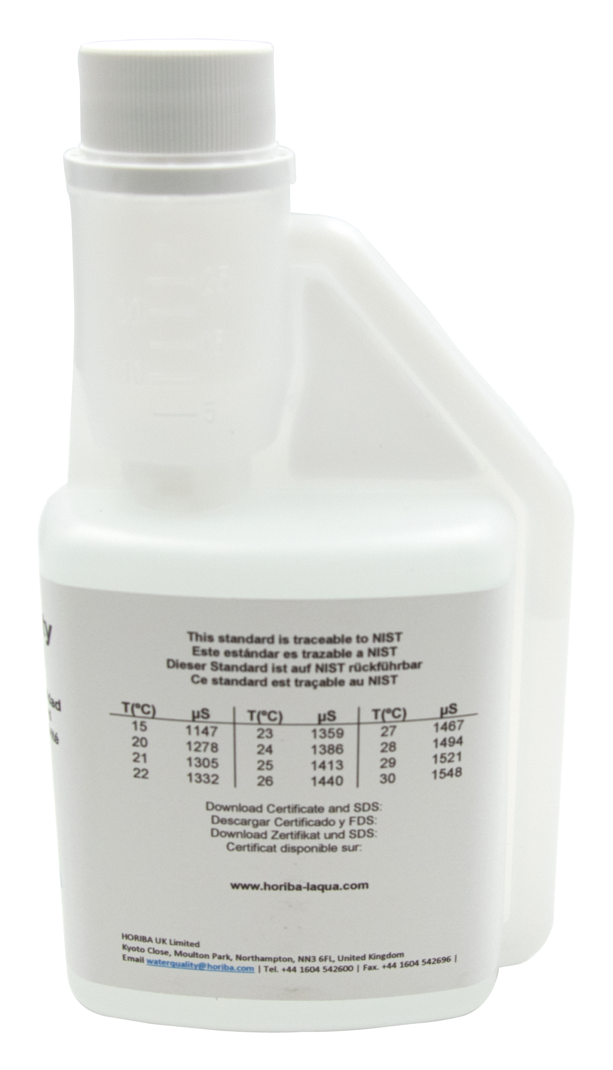 HORIBA 1413 μS/cm Leitfähigkeitskalibrierlösung 250ml, Rückansicht, Gradzahl und pH-Werte zu erkennen